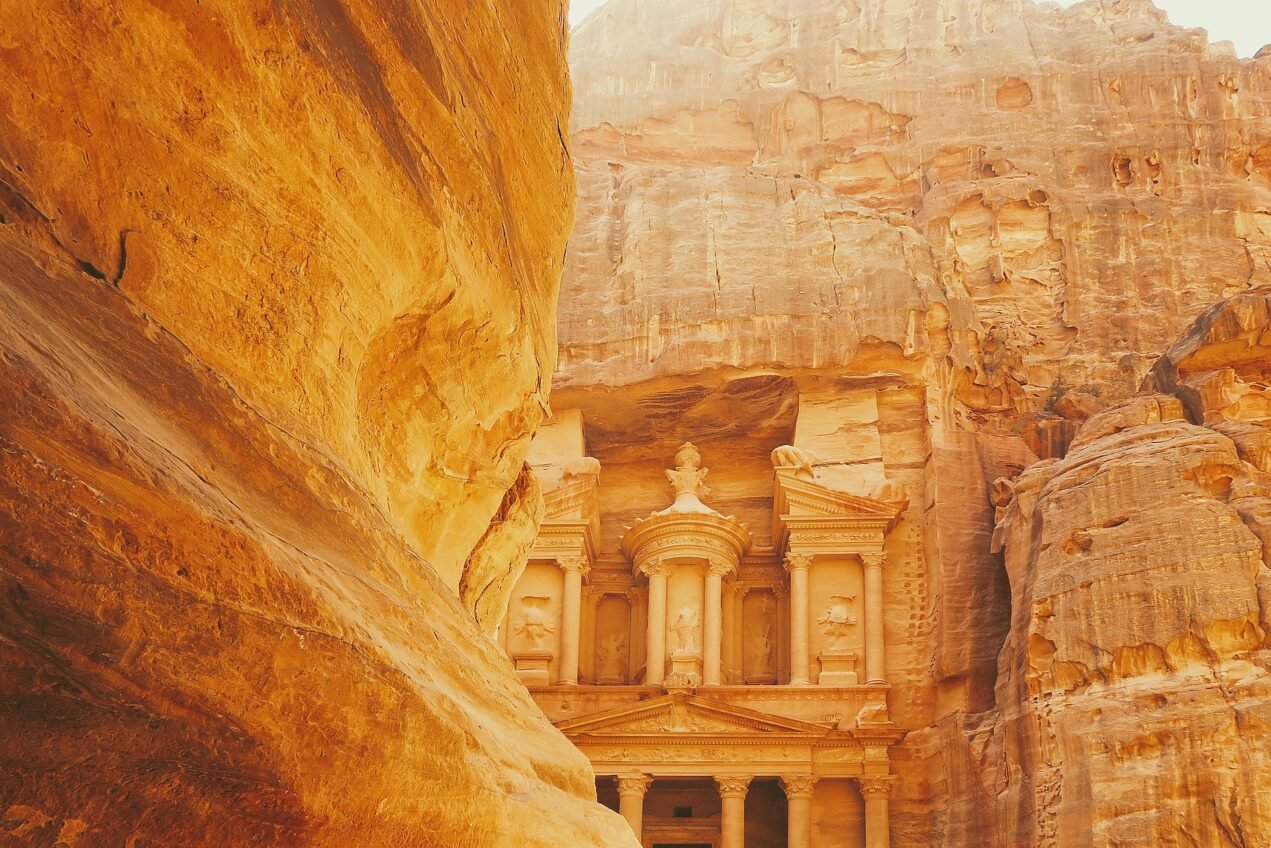 Petra Treasury lit by early morning sun with no crowds